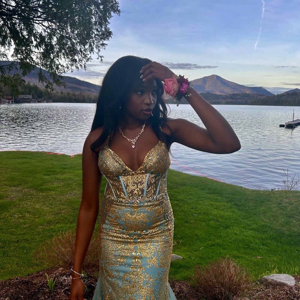 Elegant Gold and Green Evening Dress